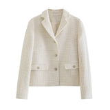 Women Fashion Single Breasted Tweed Check Short Blazers Coat Vintage Long Sleeve Female Outerwear Chic