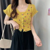 Sweet Embroidered Flower T-Shirt For Summer New Lace Splicing Short Cardigans In Repair Short-Sleeved