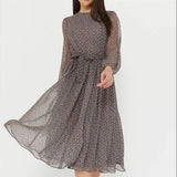 Women's Long Sleeve Black Chiffon Printed Round Neck Lace Dot Formal
