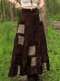 Patchwork Velvet Printed Midi Skirt-Outfit