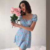Fongt Women's Summer French Bubble Sleeves Crush Flower Dopamine Wear Dresses Women's Elegant Bubble Sleeve Dress