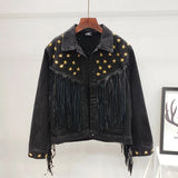 Women Jacket 2020 Autumn Vintage Star Rivet Suede Fringe tassel Loose denim Coat Long Sleeve Outerwear Female Boho