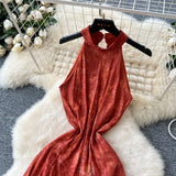 Fongt Retro Style High-End Dye Hanging Neck Sleeveless Dress Women Summer Waist Design Beautiful Swing Dress