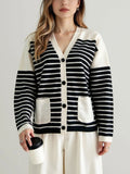 Fongt And Winter Single-Dcup Buckle V-Neck Pocket Knitted Cardigan New Striped Impact Coat