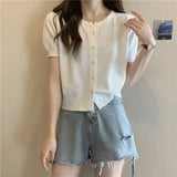 Fongt Kong Flavor Retro Round-Neck Short-Sleeved Knitted Shirt Girls Summer Thin Design Slim Short Thin Open Shirt Top