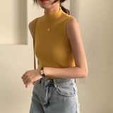 High Collar Sexy Tank Tops Women Sleeveless Knitted Vest Female Elasticity Solid Slim Pullover 2024 Summer Solid Bottoming-Outfit