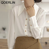 OL Stylish Satin White Shirt Elegant Formal Blouse Luxury Women Shirt Plus Size Full Sleeve Buttons Cuff Office
