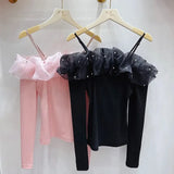 Neck T Shirts Girls Patched Beading Ruffles Stretch Tshirt Top Women Spring Summer Slim Tees-Outfit