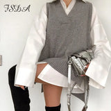 V Neck 2020 Women Split Vest Sweater Dress Sleeveless Gray Autumn Winter Loose Casual Knitted Jumper Oversized