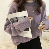 Neck Sweater Autumn And Winter 2024 New Loose Fashion Retro Lazy Style Solid Color Pullover Soft Waxy Sweater-Outfit