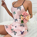 Fongt Fashion Lady Ice Silk Slip Dress Soft Skin-Friendly Home Pajamas Butterfly Print Spot-Outfit