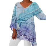 Fongt Women's Clothing 2025 Summer New T-Shirt Casual Loose Irregular Print Long-Sleeved V-Neck Top