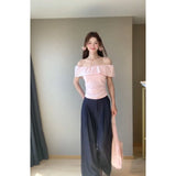 Fongt And Wear The Atmosphere Of The Lotus Leaf Side Shoulder Repair Folding Top With Straight Leisure Long Pants Set