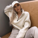 Fongt Autumn Zipper V-Neck Long-Sleeved Women's Coat Lamb Woolen Coat