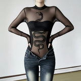 Fongt Velvet Snake-Print Sexy Perspective Mesh Yarn Laming Small Babes Half-High Collar Elastic Long-Sleeved Top