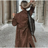 Fongt 2025 Autumn And Winter Women's Brown Ion Belt With Long Coat Retro Temperament Elegant