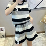 Striped Letter Matching Sets Summer Stylish Round Neck Women's Clothing Loose Patchwork Casual Drawstring Short Sets-Outfit