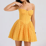 Yellow Strap Jacquard Lace Mini Dress-Outfit