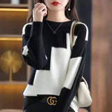 Dye Spring Fall Knit Tops Women Casual Patchwork Korean Sweaters Design Contrasting Colors Pullover O-neck Knitwear