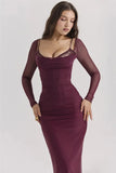 Burgundy Sheer Long Sleeve Bodycon Maxi Dress-Outfit