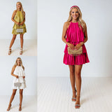 Summer New Pleated Neck Dress INS Fashion Leisure Back Branch Multi-Layer Dress-Outfit