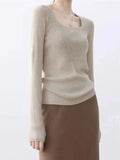 Autumn Long Sleeve Knitted Sweater Pullovers Girls Square Collar Tops Jumpers Women Base Jumper Slim Knitwear-Outfit