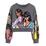 2021 Women Charater Print Crop Sweatshirts Oversize Long Sleeve Loose Pullovers Female Tops