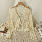 Hollow Out Sweater Shirts Lady Summer Full Sleeve Laced Crocheting Cardigan Thin Short Coats for Slim Woman-Outfit