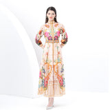 Fongt Elegant Court Style Positioning Print High-Necked Lantern Sleeves To Close Waist Dress Women's Spring Holiday Dress