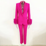 Fongt New Luxury Ostrich Feathers Hot Green Fruit Collar Blazer Trousers Suit Suit Suit