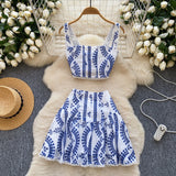 Fongt Girls Hollow Embroidery Suit Female Sling With Short Waist Vest + High-Waist A-Word Skirt Sexy Two