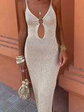 Knit Cut-Out Strappy O-Neck Midi Dress-Outfit