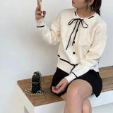 Spring Style Round Neck Soft Style Sweater Jacket Female Bow Tie Knitted Sweater Retro French Blouse-Outfit