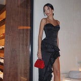 Black Asymmetrical Ruffled Midi Dress-Outfit