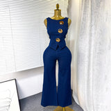 Fongt Temperament Design Sense Metal Buckle Round-Neck Sleeveless Vest + High-Waist Broad-Legged Trousers Denim Set Of Women