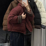 Grid Splicing Down Jacket Female Short 2024 New Retro Sweet And Thick White Duck Velvet Bread Coat-Outfit