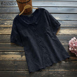 Vintage Women Lace Crochet Blouse Summer Short Sleeve Hollow Out Tunic Tops Solid Embroidery Shirt Casual Blusas