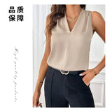Women's Sleeveless Satin V-Collar Loose Solid Color Vest Is Widely Available In Stock.-Outfit