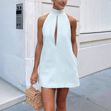 Fongt Women's Solid Color Sleeveless High-Necked Dresses Empty Fashion Vest Women 8156