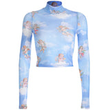 Fongt Women's Cheruel Print Gauze Short Long Sleeve T-Shirt Top Four-Leaf Clover Print