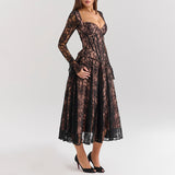 Sexy Wind Dress Women 2025 Spring New Fashion Lace Fish Bone Splicing Design Sense Long-Sleeved