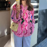Fongt Women's Clothing 2025 New Pink Casual Wind Flowers Long-Sleeved Blouse Single-D Row V-Neck Jacket Woman