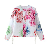 Fongt Summer Women's Retro Loose-Fitting Round-Neck Long-Sleeved Flower Print Drawstring Cotton Coat