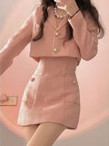 Pink Elegant Two Piece Set Women Korean Style Balzer Coat+Strap Mini Dress Set Female Solid Casual Slim Designer Set