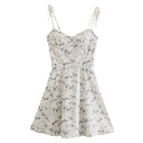 French Summer Floral Print Ruched Bandage Spaghetti Strap Mini Dress Retro Sexy Lacing Up Sling Dresses