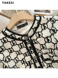Summer Causal Geometric Print Two-piece Set Women Short Sleeve Single Breasted Top + Pockets Shorts Fashion Shorts