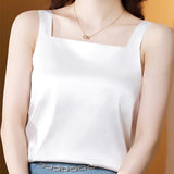Women's Camis Satin Solid Blouse for Women Sleeveless Shirt Blue Square Collar Neck Blouse Top Female Woman Basic