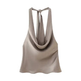 Fongt Women's Neck Bow Silk Satin Texture Top-Outfit