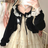 Cute Lolita Style Short Cardigan Women Gothic Y2k Bow Ruffles Lace-ups Knitted Coat Korean Fashion Casual Loose Crop Tops-Outfit