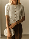 Fongt Simple Elegant Double Pocket Metal Buckle Knitted Top Temperament Round-Neck Cardigan